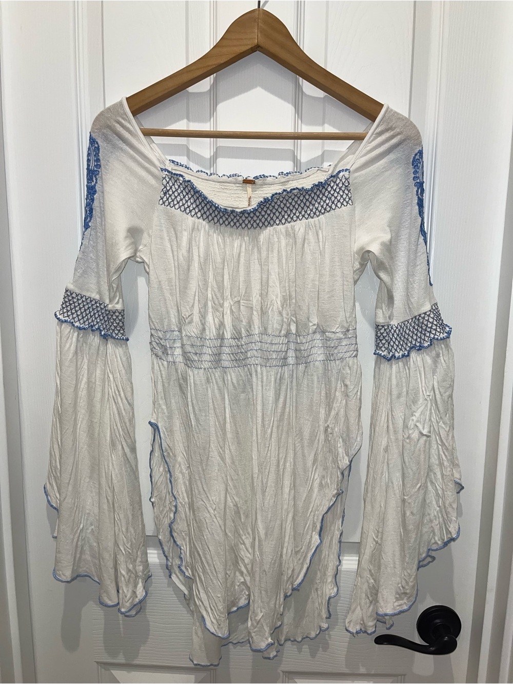 Free People White Boho Peasant Dress with Blue Embroidery